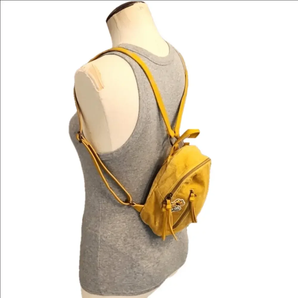 Mustard Corduroy Mini Backpack with Floral & Leopard Patches